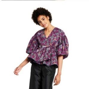 Women’s Puff Sleeve Coral Reef Scallop Wrap Blouse Kika Vargas Purple Size XXS